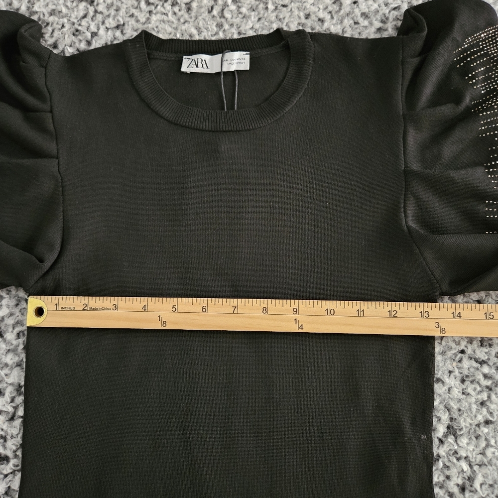 Zara Women's Black Sweater Medium Long Puff Sleeve Embellished Sparkly Knit Top - Picture 11 of 14